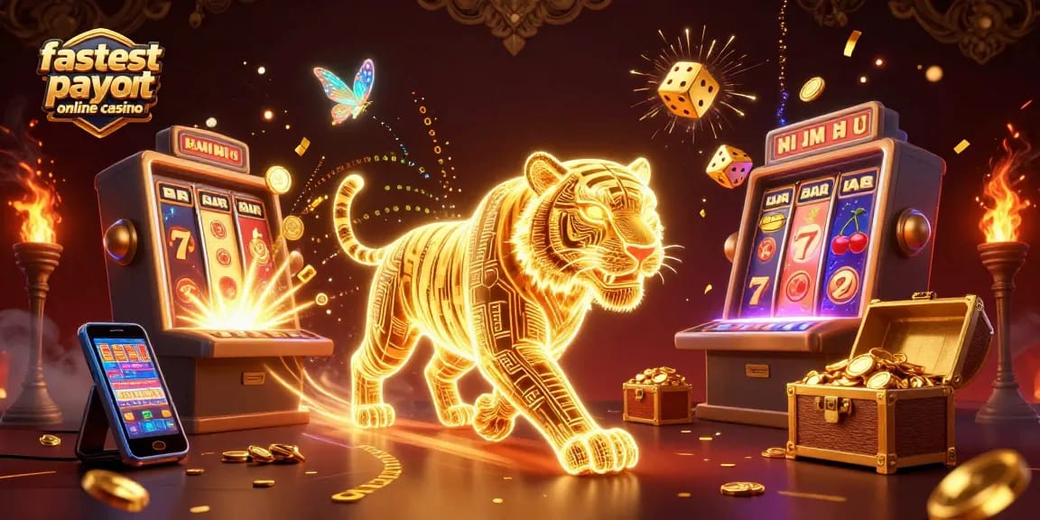 Experience the fastest payout online casino with a dynamic scene featuring a golden tiger and vibrant game elements.