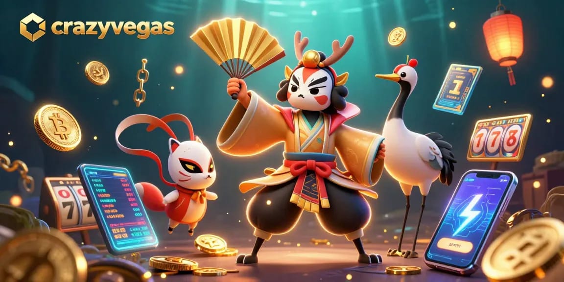 Experience the thrill of crazyvegas with vibrant 3D casino characters shining amidst crypto elements.