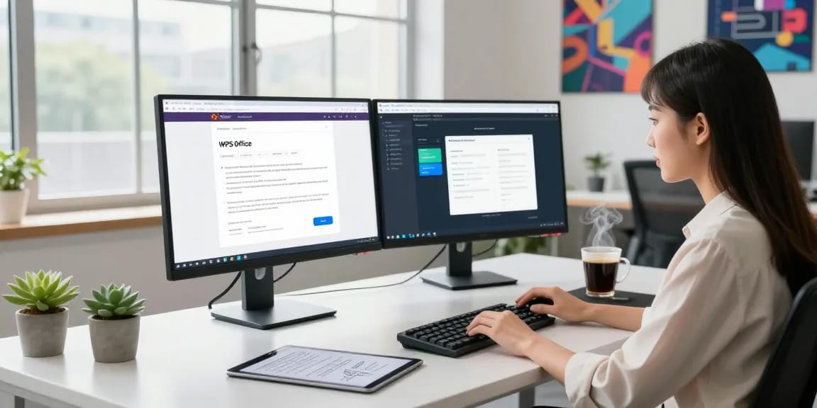 WPS Official Website user engaged in document editing in a modern office setting.