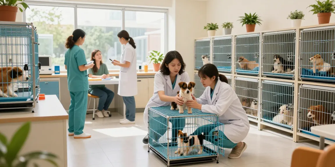 Veterinary cages ensuring safety and comfort for animals in a veterinary clinic environment.