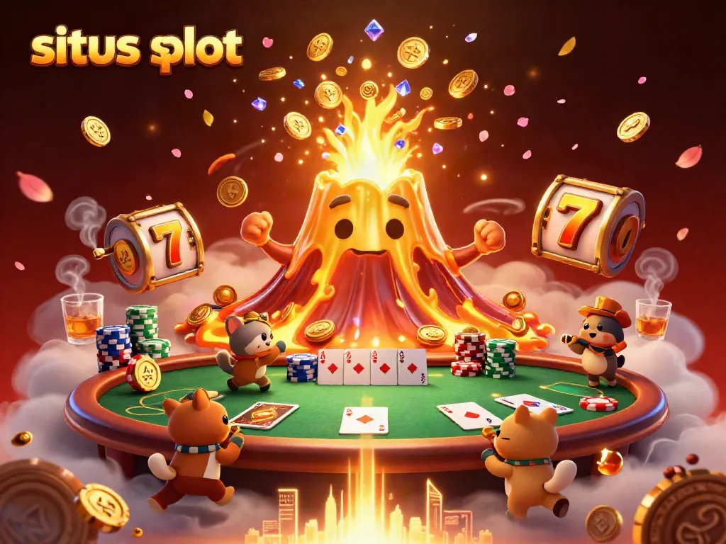 Experience excitement with situs slot as a golden volcano erupts treasure, surrounded by engaging gaming elements.