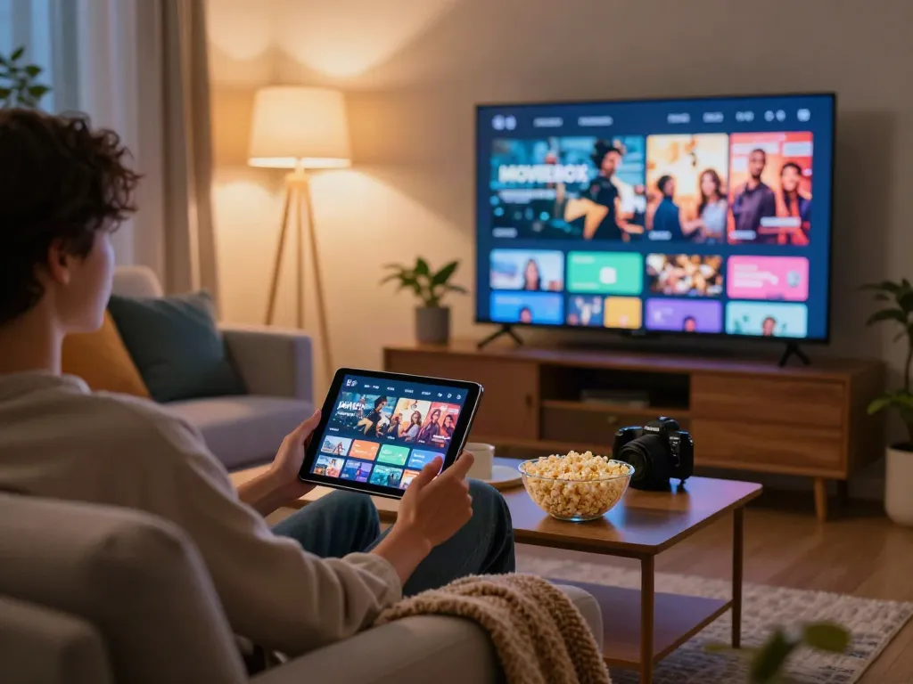 Experience Moviebox app on tablet in cozy living room, illuminated by warm lighting.