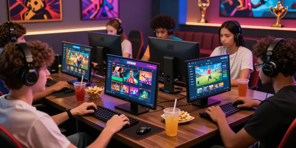 Diverse players engaging with GEM88 gaming platform in a stylish lounge.