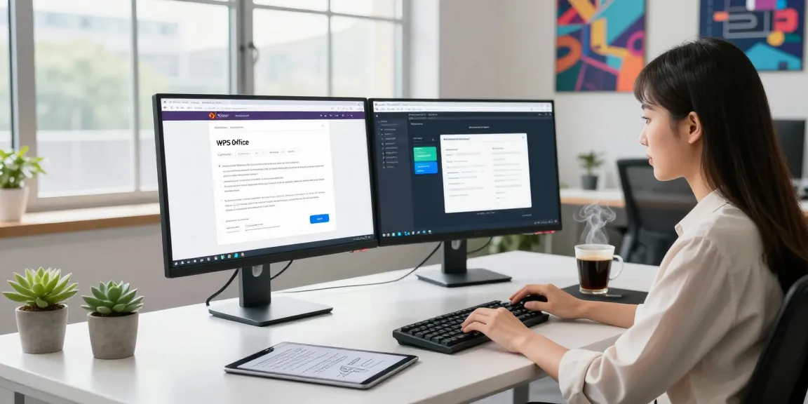 WPS Official Website user engaged in document editing in a modern office setting.